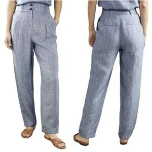 Boden 100% Linen Pants Trousers Cropped Cuffed Size 6 Blue Side & Back Pockets